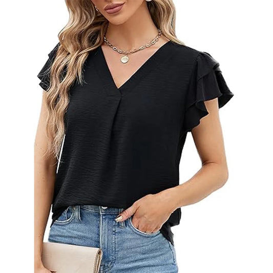 VDJ Womens Blouses Short Sleeve V Neck Shirts Business Casual Drak Blue Tunic Tops Trendy Tshirts Clothing Size L