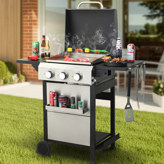 3 Burner Propane Gas Grill and Griddle Combo, Propane BBQ Grill with Foldable Side Table, Hanging Basket, and Tool Hooks for Backyard Camping Cooking, 2 in 1, 36,900BTU Output