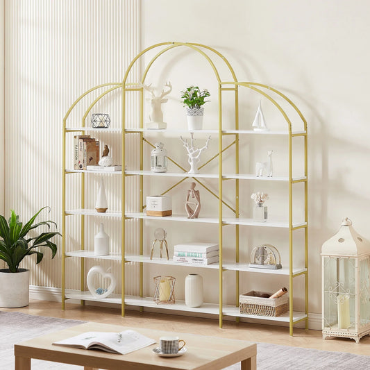 PORKISS 5 Tier Bookshelf, 74.8" Wood Tall Display Storage Shelf with Metal Frame, Freestanding Modern Etagere Bookcase for Adults, Bedroom, Living Room, Home Office, Gold/White