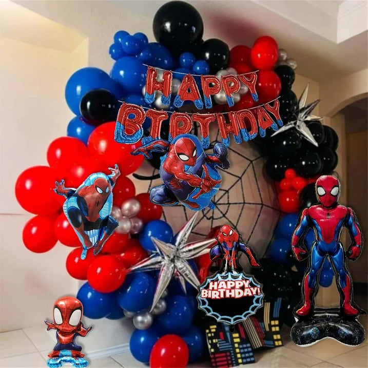 Spider Theme Happy Birthday Banner and 5PCS Spider Character Giant Balloons for Boys Girls Birthday Party Decoration