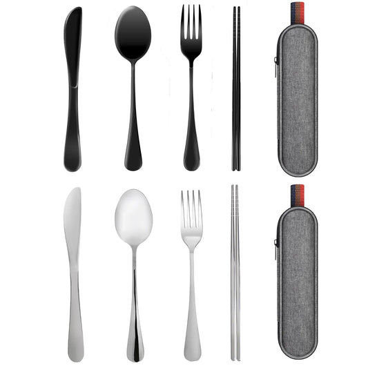 2 Set Travel Utensils with Case, Black & Silver Color Portable Silverware Set for Work Stainless Steel Reusable Travel Cutlery Set Fork Spoon Set for Camping Picnic Gadgets Lunch Box for Men Women