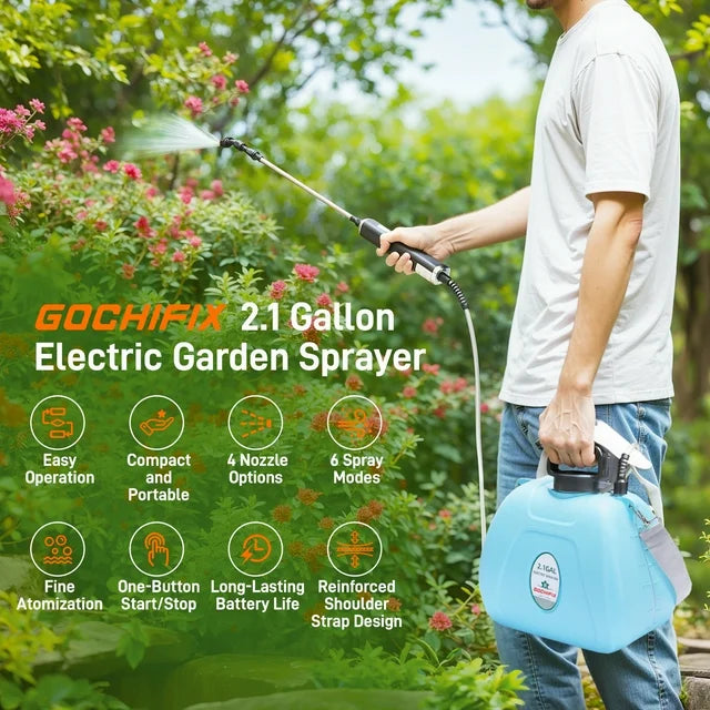 Garden Sprayer,ENJOYWOOD 2.11 Gallon/8L Electric Backpack Sprayer with 4 Mist Nozzles,6 Spray Modes,Retractable Wand Adjustable Shoulder Strap for Lawn, Garden, Yard,Blue