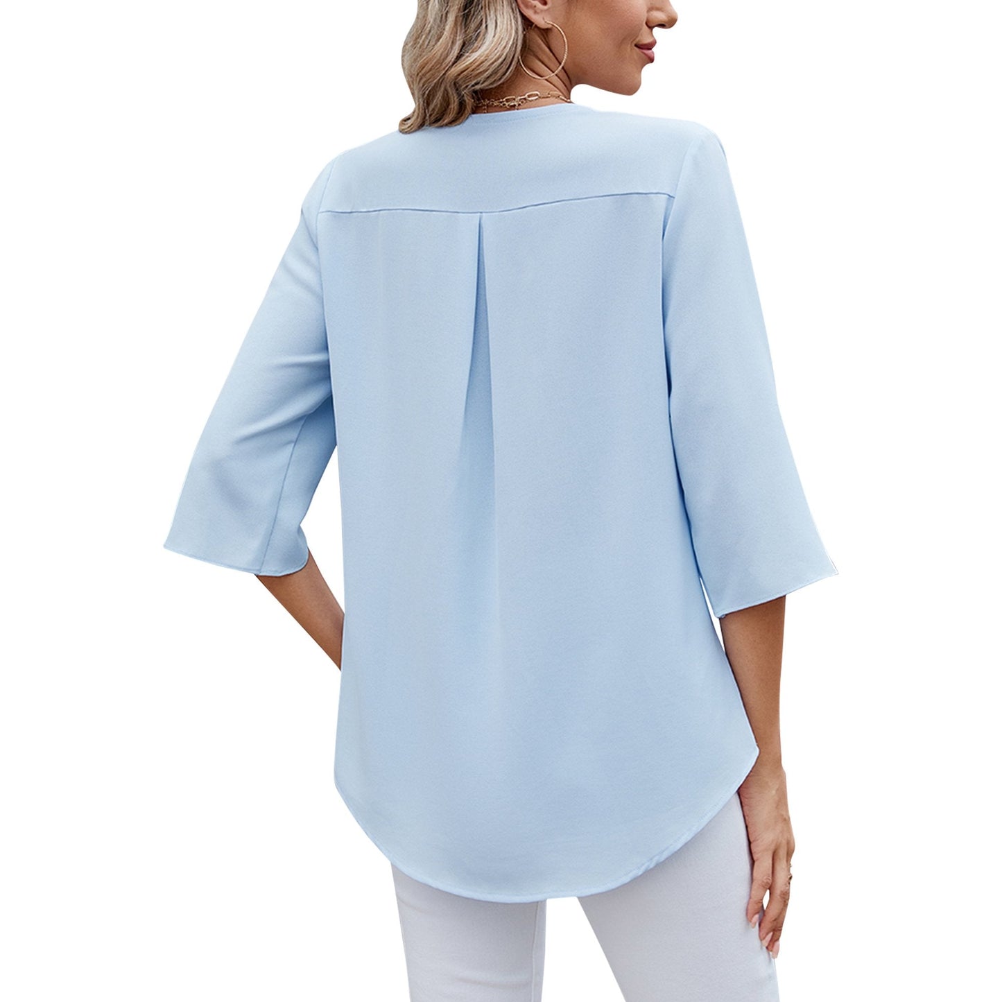 TEMOFON Women Summer Blouses Dressy Casual Ruffle V Neck Tops Comfy Chiffon Loose Fit 3/4 Sleeve Light Blue Shirts