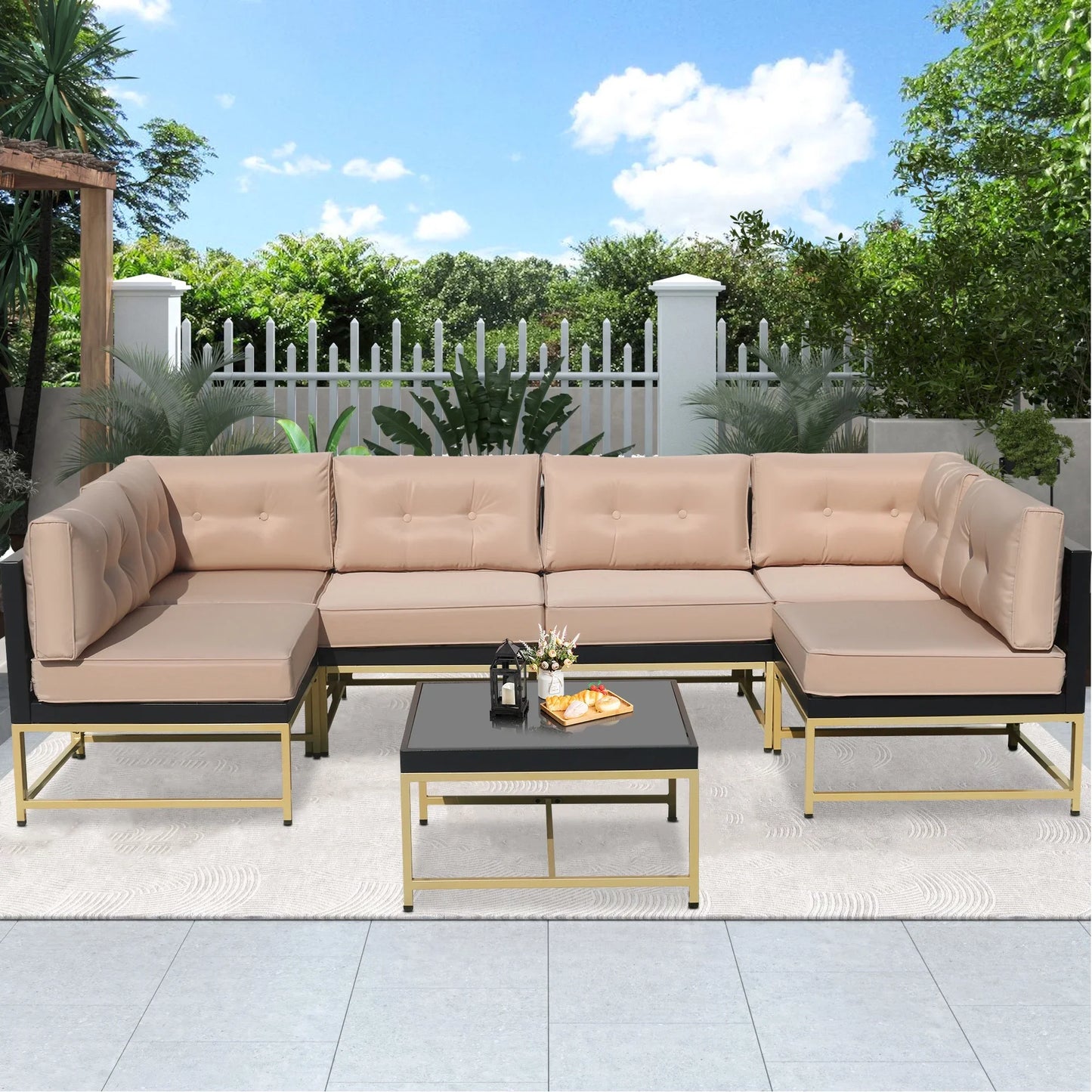 7 Piece Outdoor Patio Furniture Set, Modular Outdoor Sectional Sofa Set with Removable Cushions, PE Rattan Conversation Sets with Coffee Table, Brown