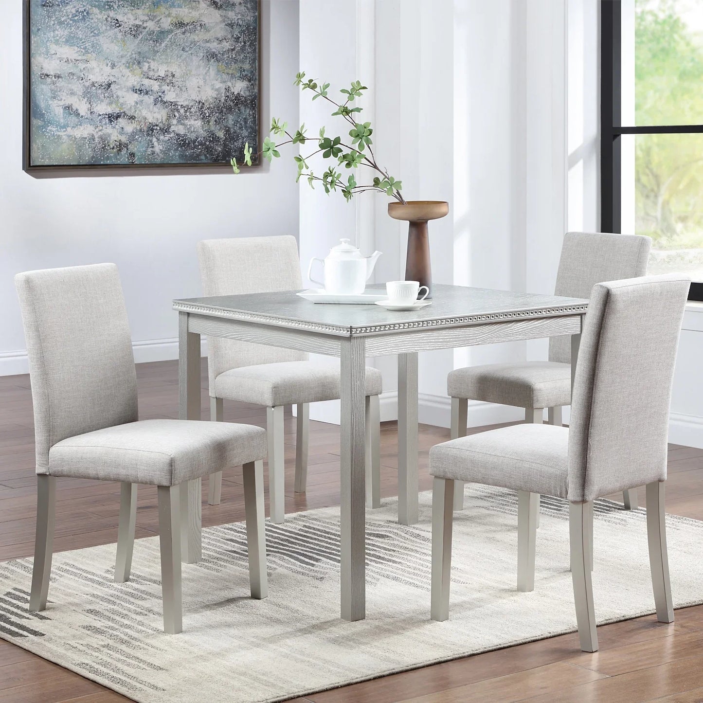 5 Piece Dining Table Set, Rustic Wood Kitchen Table and 4 Upholstered Chairs Set, Farmhouse Square Wooden Dining Room Set for Kitchen Dining Room, for Small Spaces, Breakfast Nook, Gray