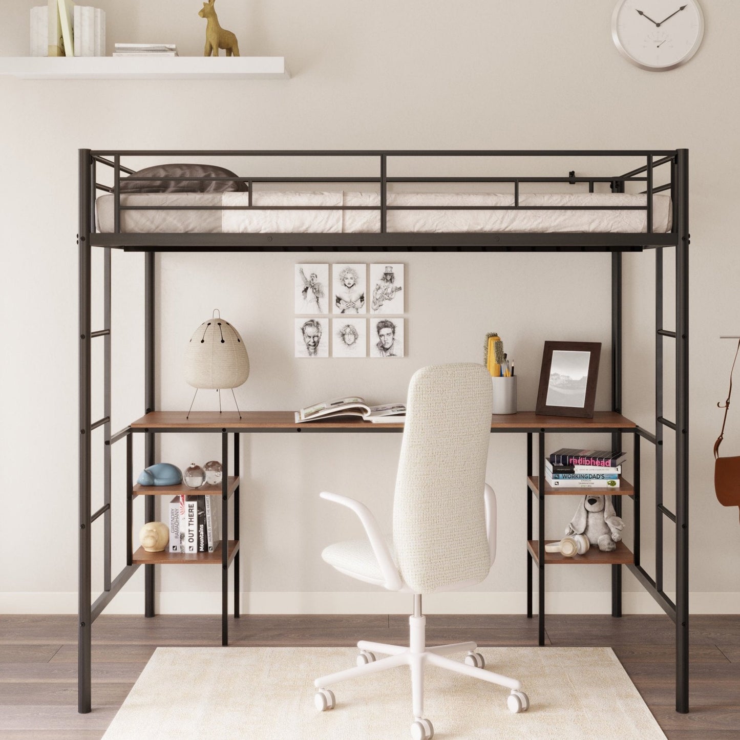 Sesslife Twin Size Loft Bed with Desk, Low Profile Loft Bed Frame with Storage Shelves, Metal Loft Bed with 2 Ladders and Safety Guardrails for Kids Teens, Noise Free, No Box Spring Needed, Black