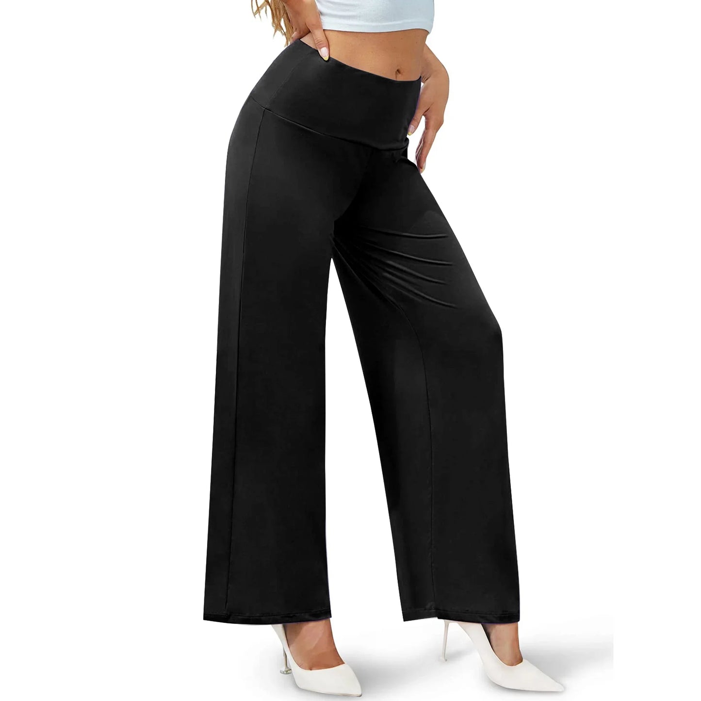 TEMOFON Womens High Waist Pants Casual Stretchy Wide Leg Palazzo Lounge Pants Comfy Loose Fit Dress Pants Black