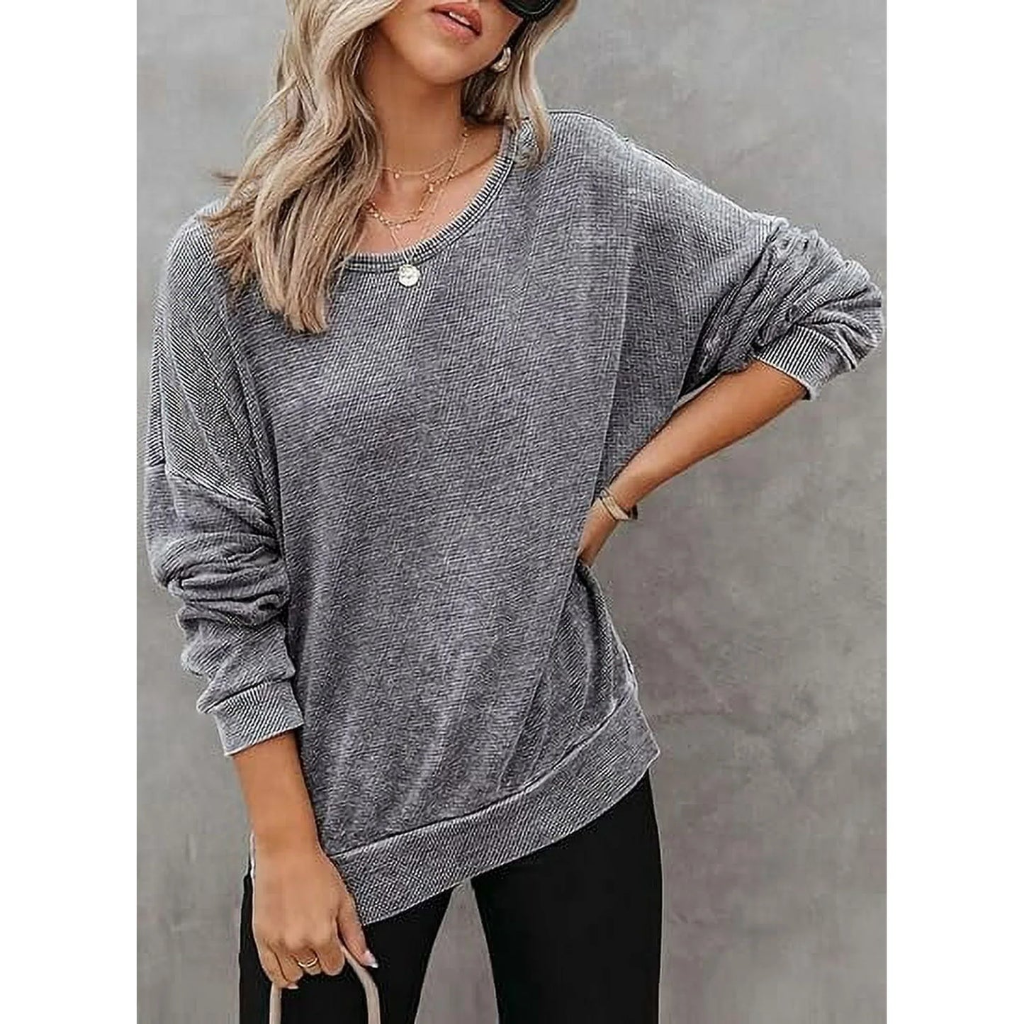 TEMOFON womens long sleeve tops Oversized Sweatshirts Waffle Knit Crew neck fashion Side Slits Casual Pullover Gray