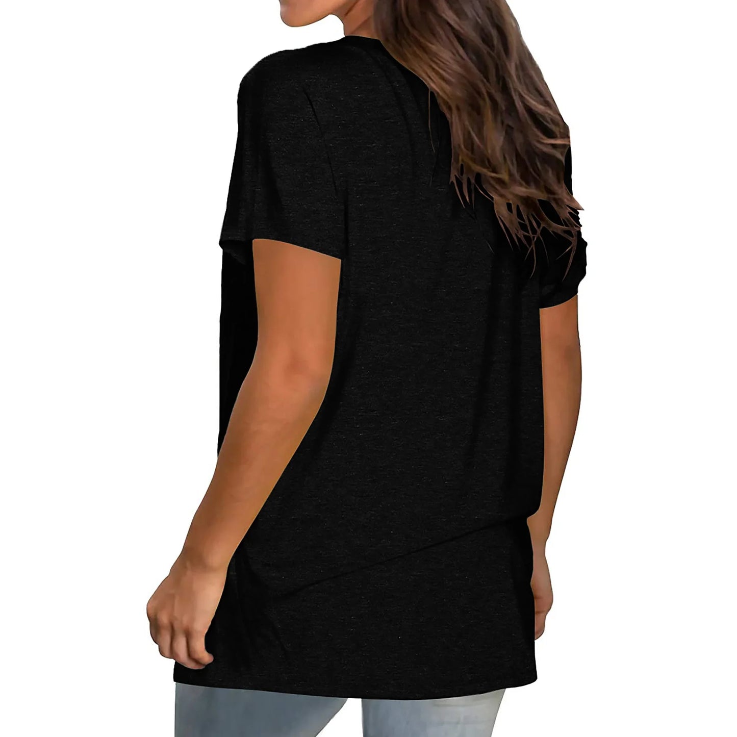 TEMOFON Womens Tops Casual Summer T Shirts V Neck Short Sleeve Tunic Tops Casual Solid Black Loose Shirts for Women Size L