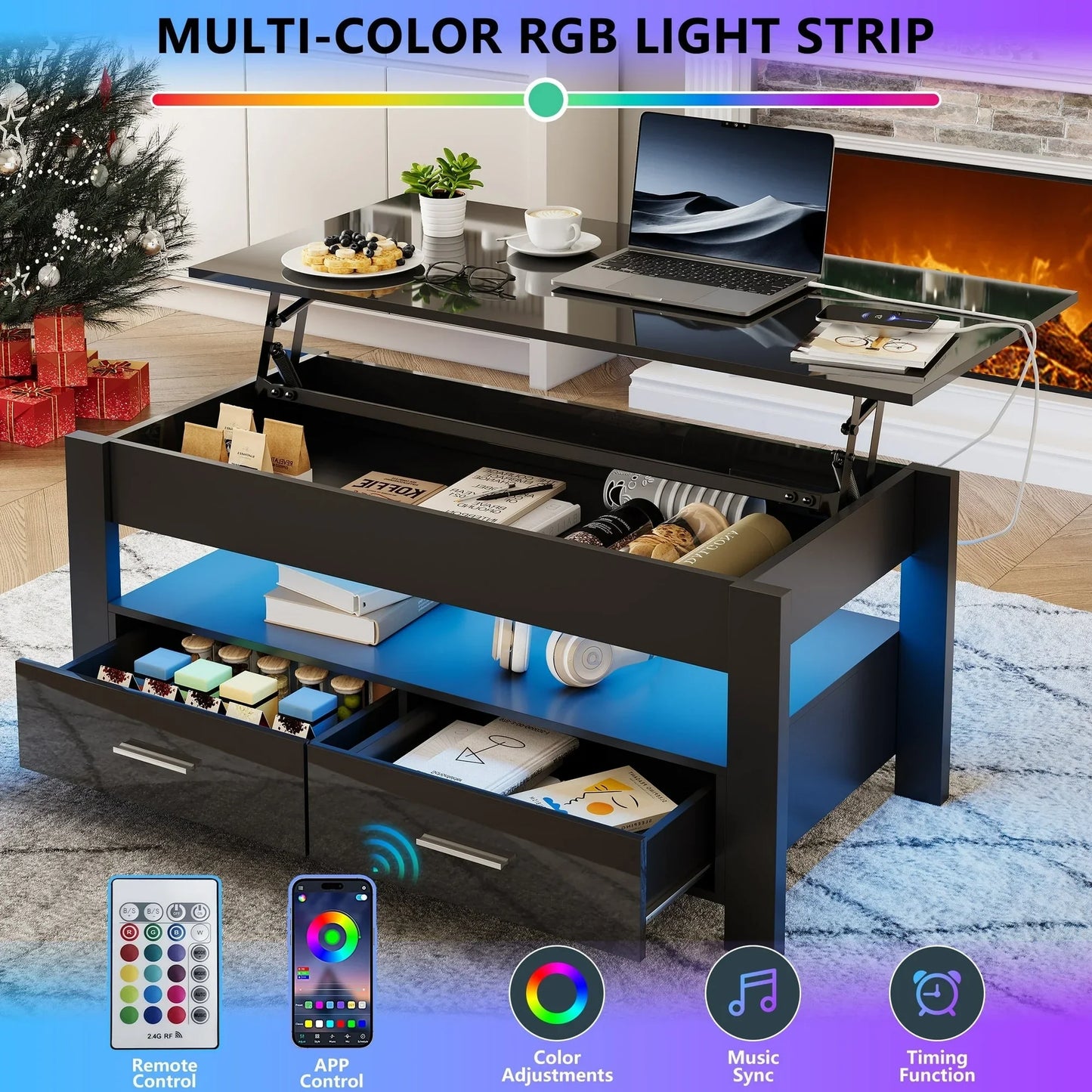 Sesslife Lift Top Coffee Table with Storage, LED Coffee Table with 2 Drawers and Hidden Compartment, High Gloss Rectangular Modern Center Table with Charging Station for Living Room, Black
