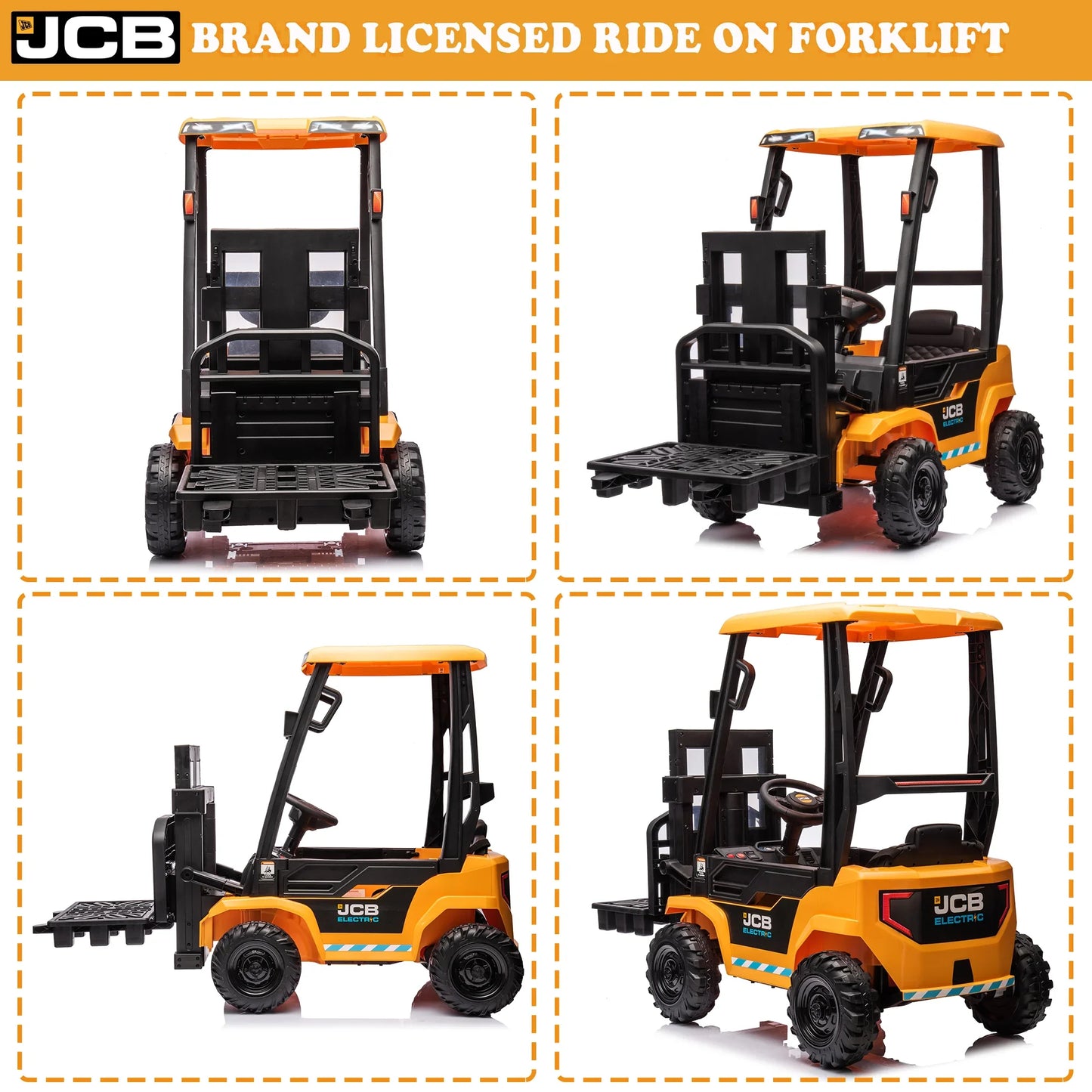 12V Powered Ride on Car Toy for Kids, JCB kids Ride on Forklift Toy with Lifting Pallet, Remote Control, Removable Car Roof, Joystick, 4 Wheels Electric Construction Car for Boy Girl 3-6 Years Old