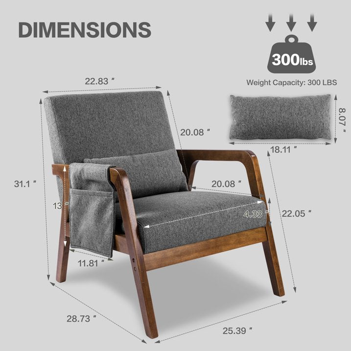 spanspace Accent Chair Mid-Century Modern Chair with Side Pocket, Lounge Armchair with Lumbar Pillow & Solid Wood Frame for Living Room Balcony Bedroom, Grey