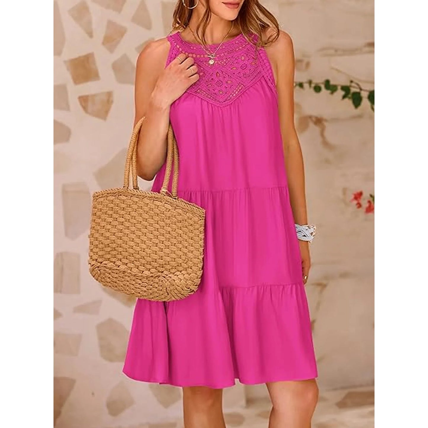SHIBEVER Womens Summer Hollow Out Halter Dresses Casual Sleeveless A-Line Tiered Swing Sundress Beach Vacation Mini Dress for Womens Clothes Lace Crochet Babydoll Dresses