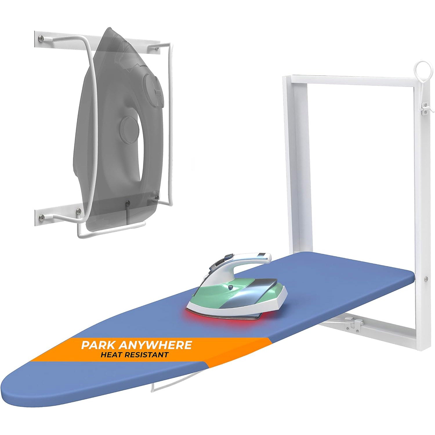 Xabitat Wall Mounted Ironing Board with Iron Holder, 36.2" X 12.2" Compact Mount Fold Down Iron Board for Small Spaces, Space Saving with Cotton Fabric Cover, White and Blue