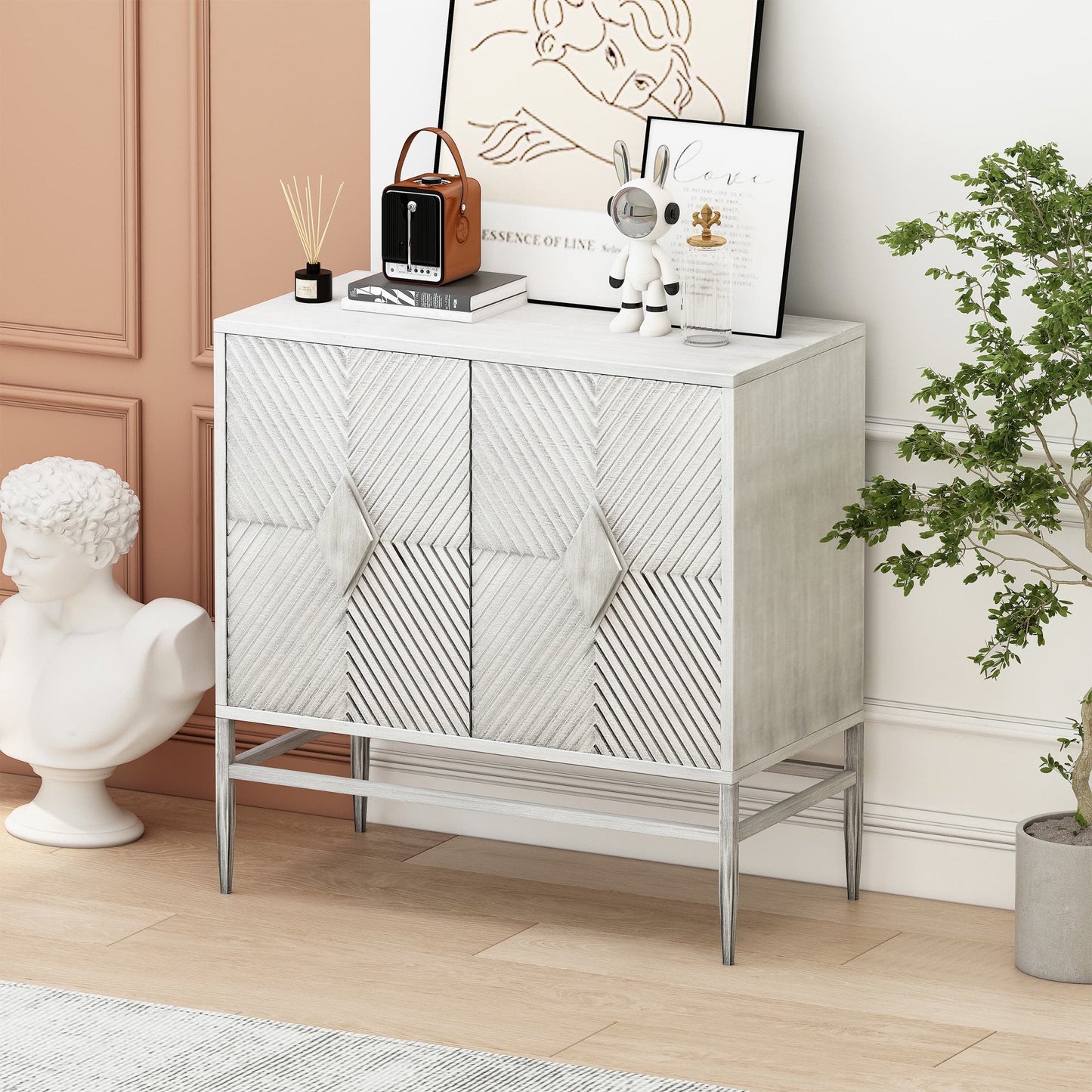 31.50 Modern 2 Door Wooden Storage Cabinet Accent Cabinet with Metal Leg Featuring Two Tier Storage, for Living Room, Entryway and Dining Room