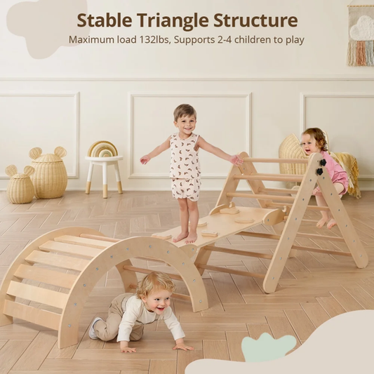 Pikler Triangle Set, RongTrading Montessori Climbing Set, Wooden Climbing Toys, with Arch, Ramp, Ladder, Tent and Cushion, Indoor Jungle Gym for Toddlers 0.5-6 Years Old