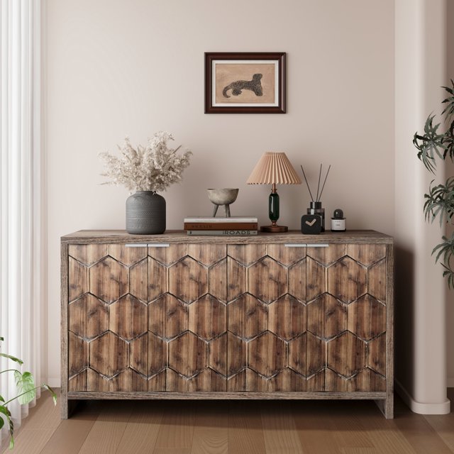 Accent Cabinet Farmhouse Style 4 Door Wooden Cabinet Sideboard Buffet Server Cabinet Storage Cabinet, for Living Room, Entryway, Hallway, Office, Kitchen and Dining Room