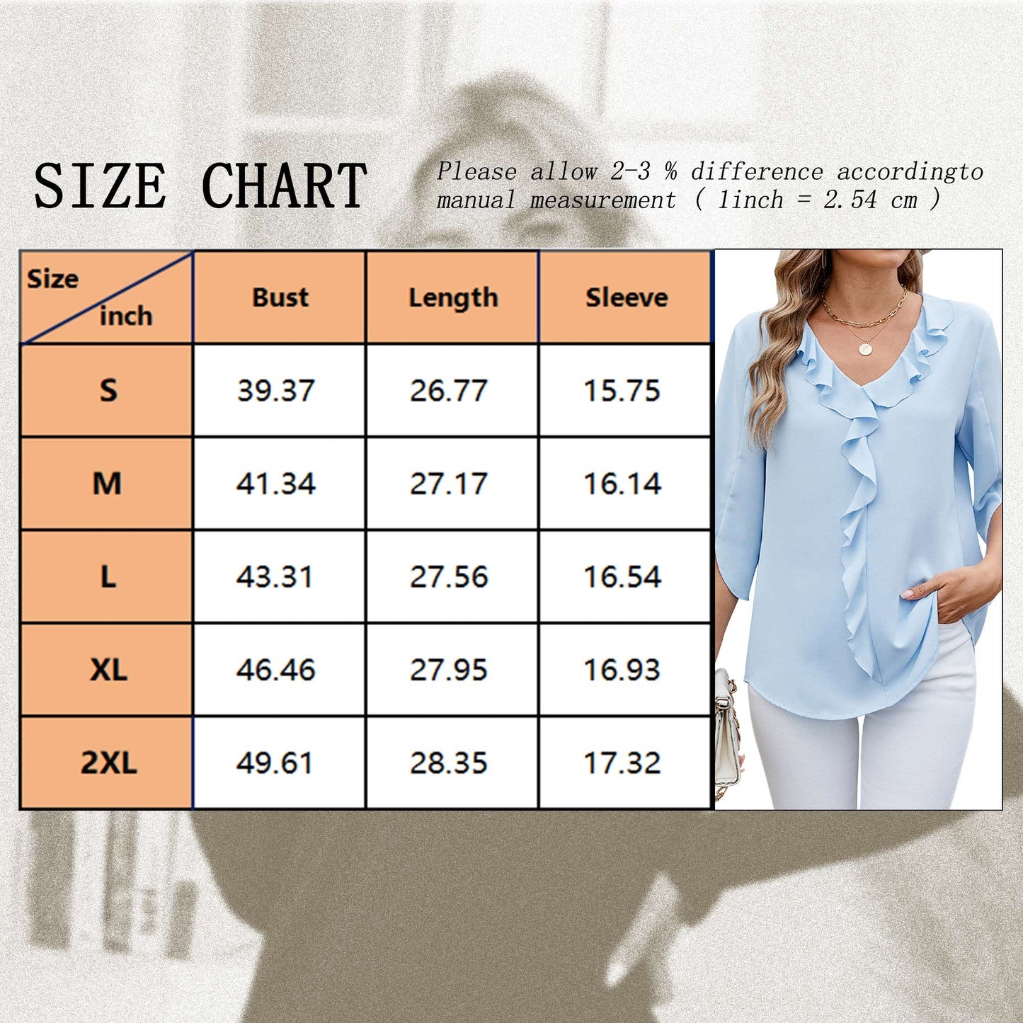 TEMOFON Women Summer Blouses Dressy Casual Ruffle V Neck Tops Comfy Chiffon Loose Fit 3/4 Sleeve Light Blue Shirts