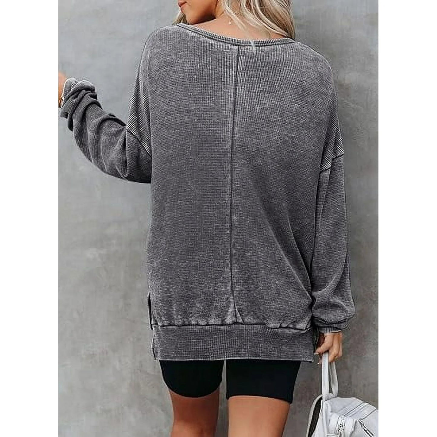 TEMOFON womens long sleeve tops Oversized Sweatshirts Waffle Knit Crew neck fashion Side Slits Casual Pullover Gray