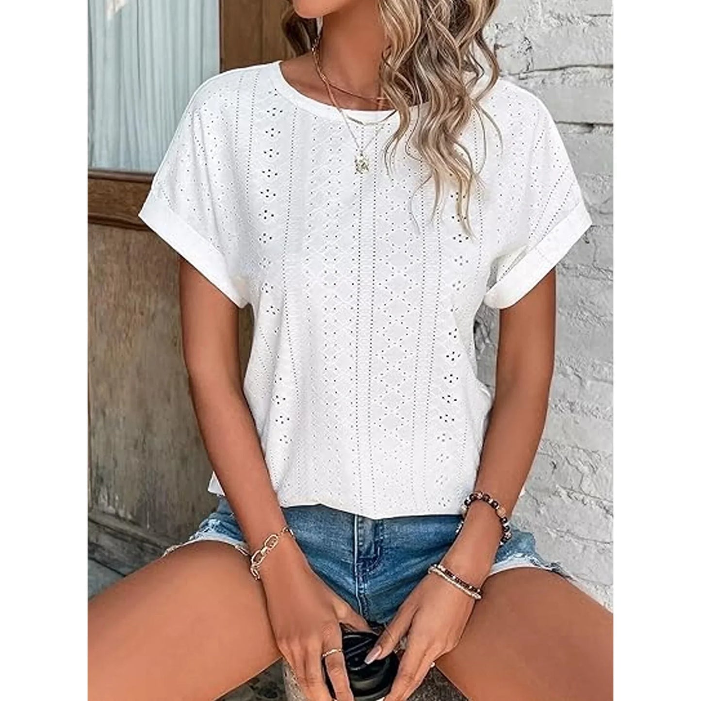 TEMOFON Womens Tops Eyelet Embroidery Summer Spring Crewneck Casual Short Sleeve Blouse Trendy T Shirts for Womens Clothes Trendy Shirts Tunic Tops