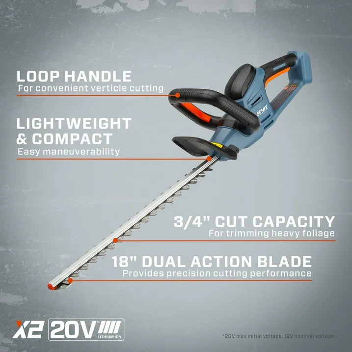 SENIX 20 Volt Max 18 Inch Cordless Hedge Trimmer, Double Sided Dual Action Blades, 3/4  Cutting Capacity (Battery and Charger Included) HTX2 M