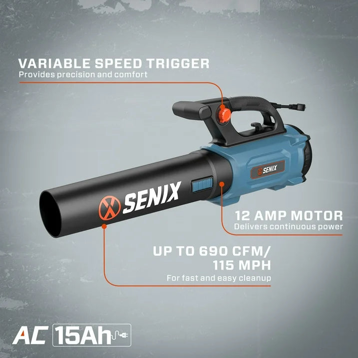 SENIX 120 Volt, 12 Amp Corded Leaf Blower, Up to 690 CFM and 115 MPH, BLAE12 M