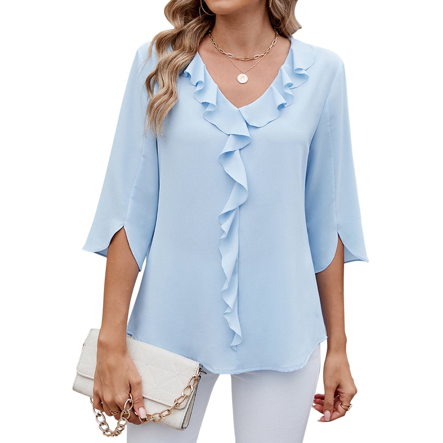 TEMOFON Women Summer Blouses Dressy Casual Ruffle V Neck Tops Comfy Chiffon Loose Fit 3/4 Sleeve Light Blue Shirts