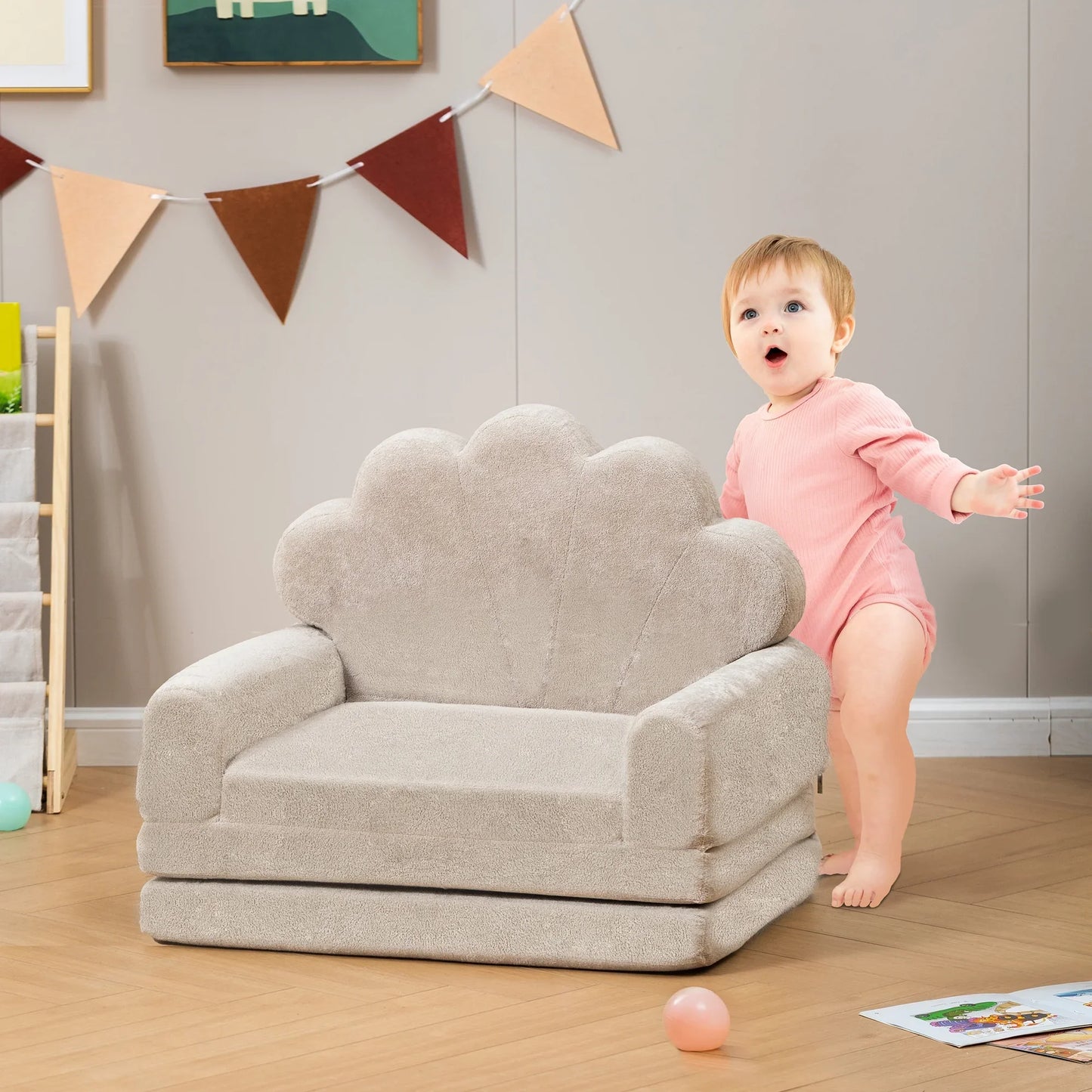 spanspace Toddler Couch, 2-in-1 Soft Sherpa Toddler Couch Fold Out, Toddler Chair Comfy, Convertible Sofa to Lounger with Cute Shell Designs, Grey