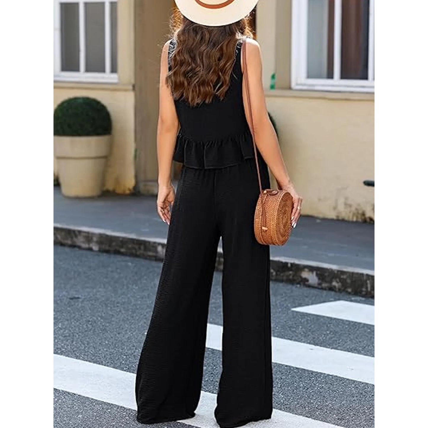 SHIBEVER Outfit Sets for Women 2 Piece Sets Summer Casual Sleeveless Set Outfits with Pockets Round Neck Tank Tops Matching Sets for Womens Clothes Elastic Waist Wide Leg