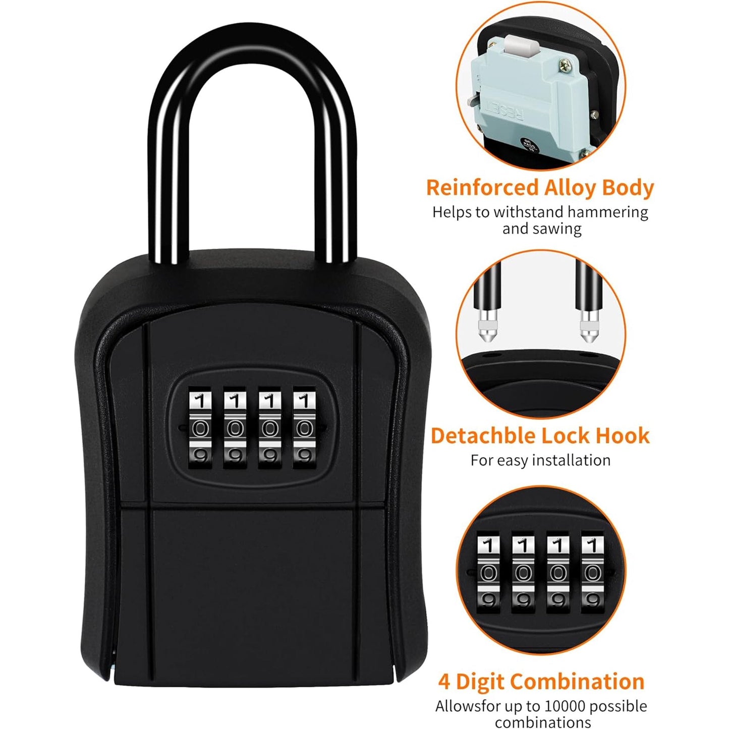 Key Lock Box Portable Combination Lockbox Wall-Mounted Key Storage Box for House Keys, Resettable Code Safe Security Lock Box for Home Office Apartment Spare Key Storage Black
