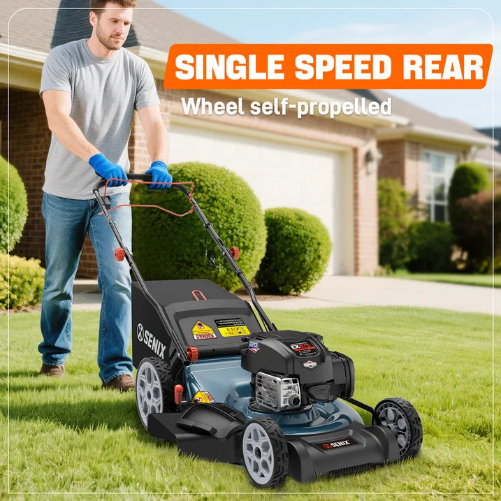 SENIX 22  Self Propelled Gas Lawn Mower, 163 cc 4 Cycle Made in USA Briggs  Stratton Engine Push Mower, 3 In 1, One step Start, 6 Position Height Adjustment, 11 In Rear Wheels, LSSG H1