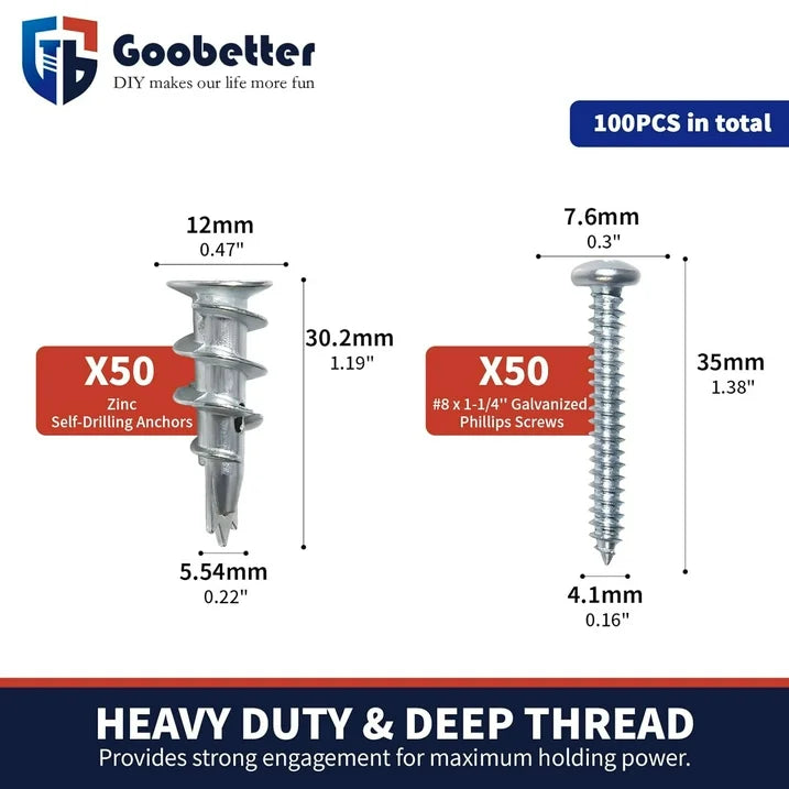 GooBetter Screws and Anchors 100pcs,#8 x 1-1/4" Drywall Anchors,Heavy Drywall Screws with Anchors,50 Pcs Zinc Sheetrock Anchors and 50 Pcs Metal Screws