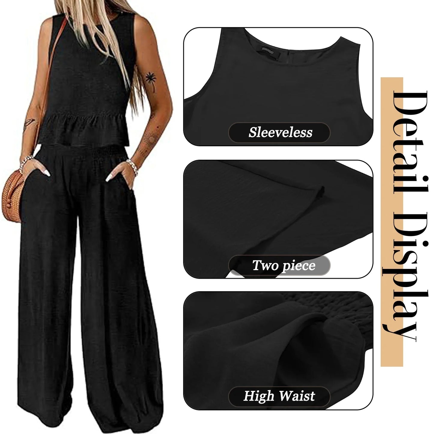 SHIBEVER Outfit Sets for Women 2 Piece Sets Summer Casual Sleeveless Set Outfits with Pockets Round Neck Tank Tops Matching Sets for Womens Clothes Elastic Waist Wide Leg