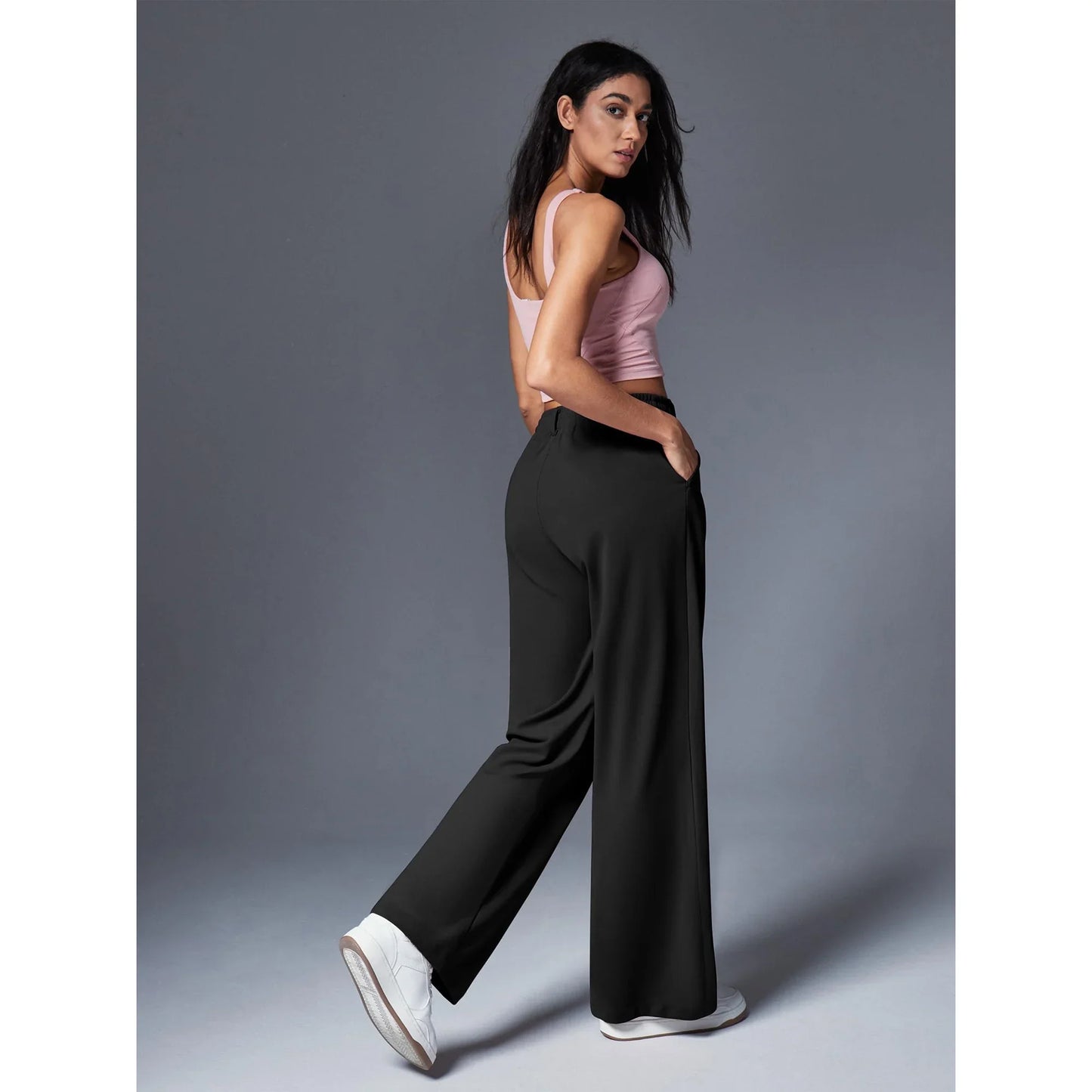 TEMOFON Womens Pants Casual Wide Leg Dress Pants Black Loose Lightweight Comfort Trousers Flowy Work Dress Pant L