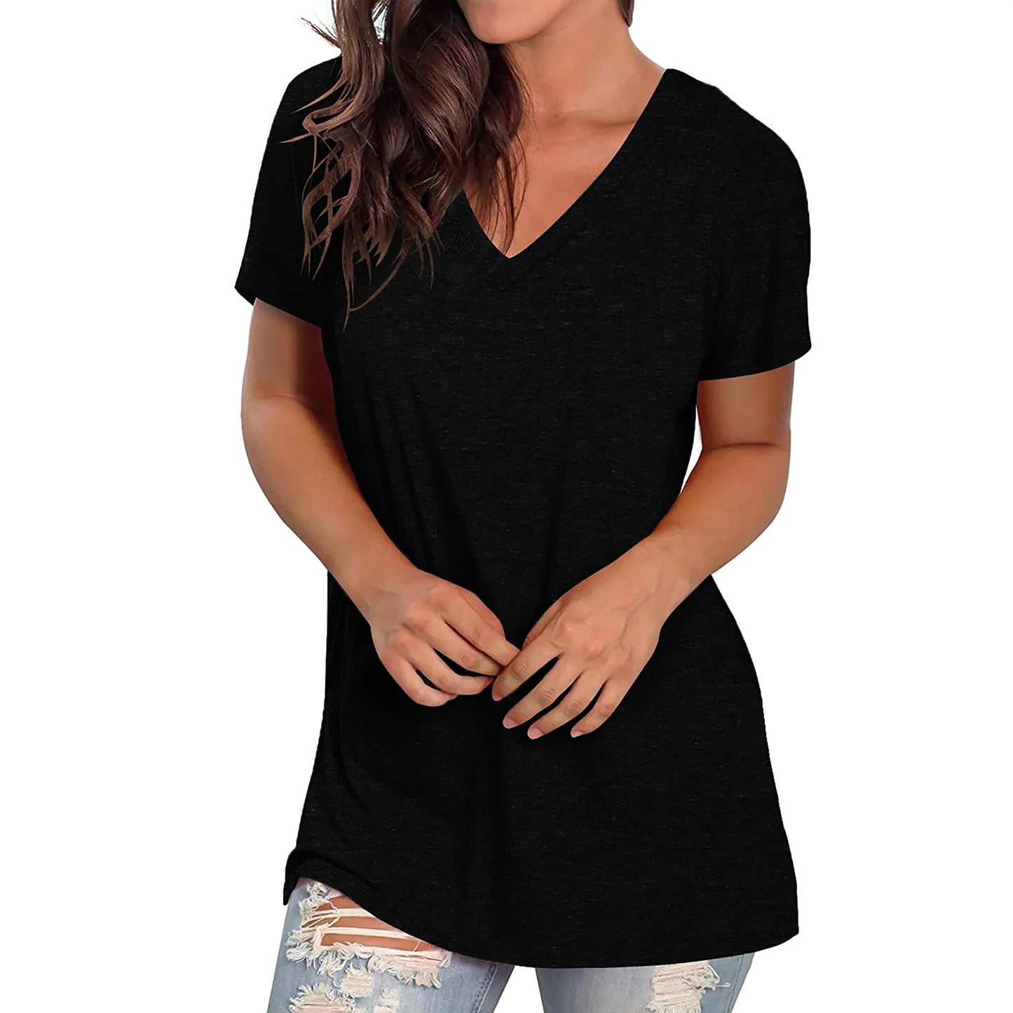 TEMOFON Womens Tops Casual Summer T Shirts V Neck Short Sleeve Tunic Tops Casual Solid Black Loose Shirts for Women Size L
