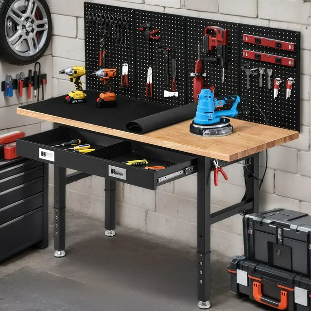 Workbench for Garage,ENJOYWOOD Heavy Duty 60 inch Wood Work Bench with Drawer and Storage Pegboards,Rubber Wood Tabletop,2000 LBS Load Bearing Workstation Garage Desk Table Worktable