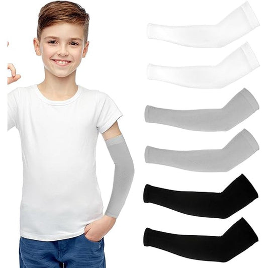 6 Pairs Sports Arm Sleeves for Kids Basketball Baseball Football Arm Sleeves UV Sun Protection Cooling Arm Compression Cover Sleeve for Boys Girls (8-10 Years)