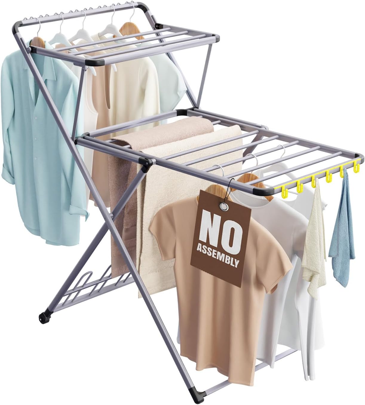 XABITAT Clothes Drying Rack with Shoe Dryer, No Assembly, Metal Construction, NonSlip Feet, 2 Level with Hooks, Hidden Wheels, Foldable, Portable, Ideal for Laundry Room, Indoor & Outdoor