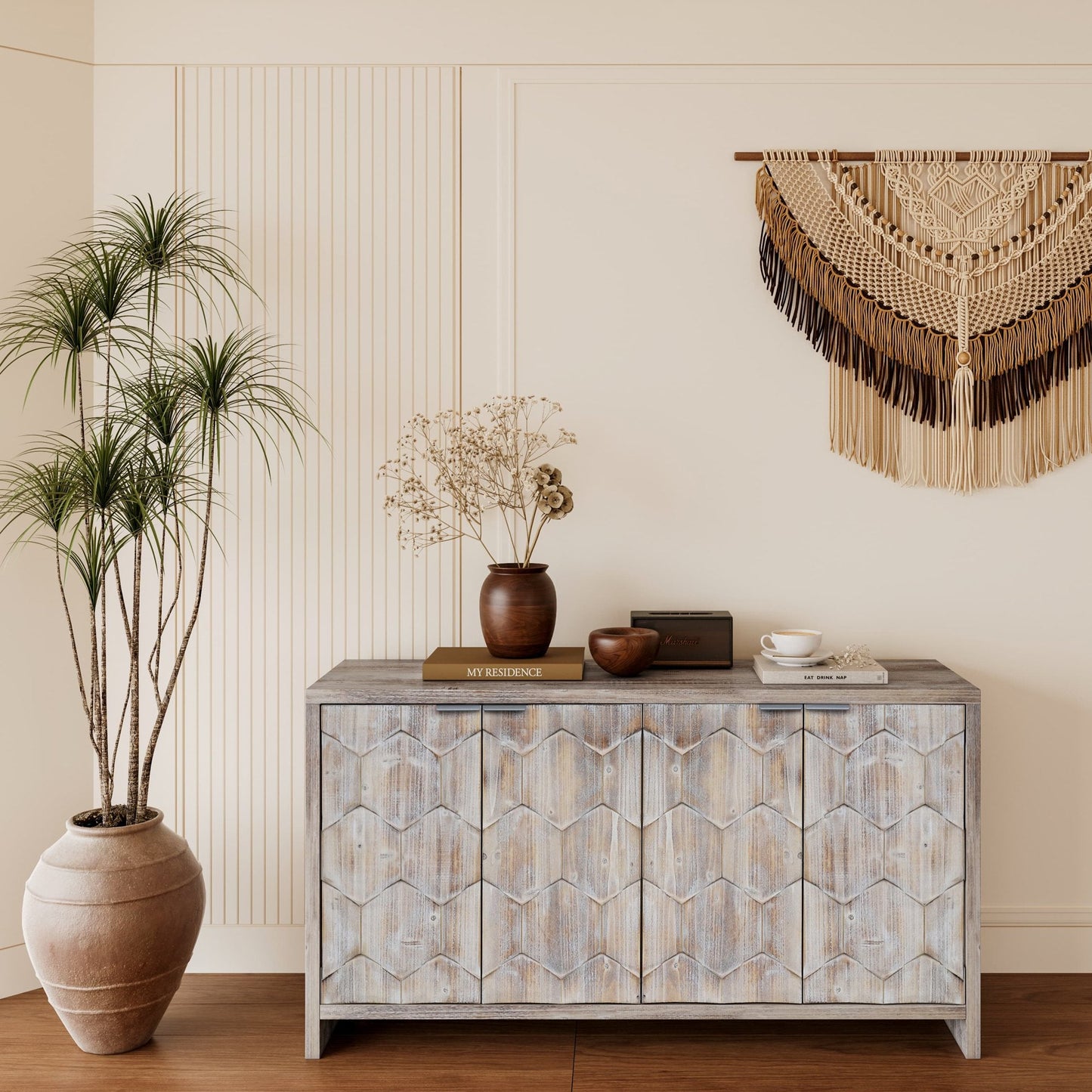 Accent Cabinet Farmhouse Style 4 Door Wooden Cabinet Sideboard Buffet Server Cabinet Storage Cabinet, for Living Room, Entryway, Hallway, Office, Kitchen and Dining Room