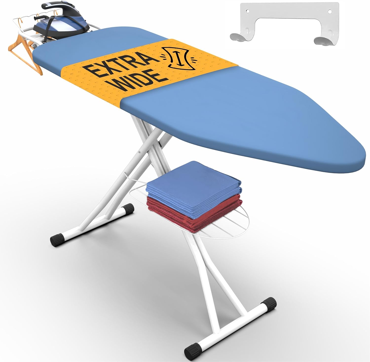 Xabitat Full Size Ironing Board 57" X 18" with Wall Mount Hanger, Full Metal Construction Iron Board, Built in Iron Caddy, Heat & Scorch Resistant Fabric, Cord Holder, Anti-Skid Feet, Heavy Duty