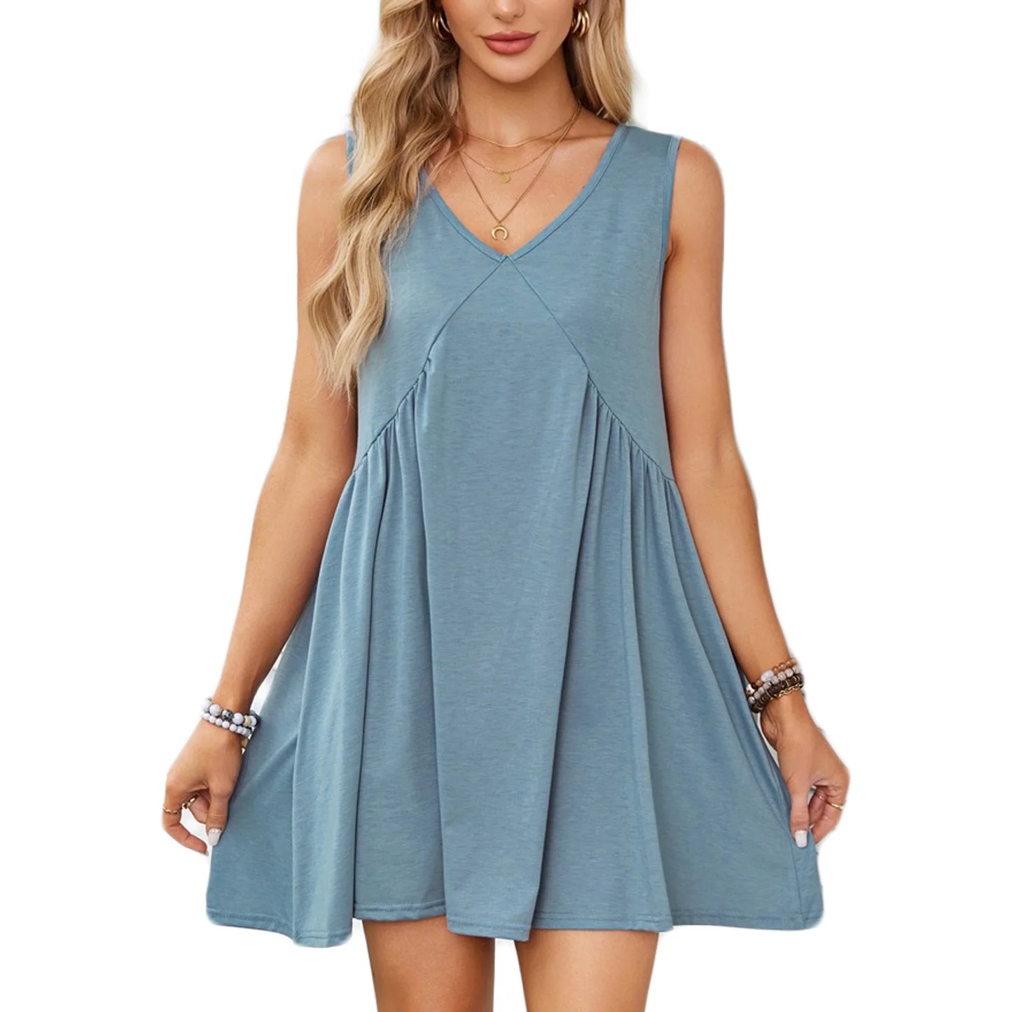 SHIBEVER Womens Summer Sleeveless Mini Dress Casual Loose V Neck Sundress with Pockets Dresses for Womens Clothes Tunic Casual Swing Dress