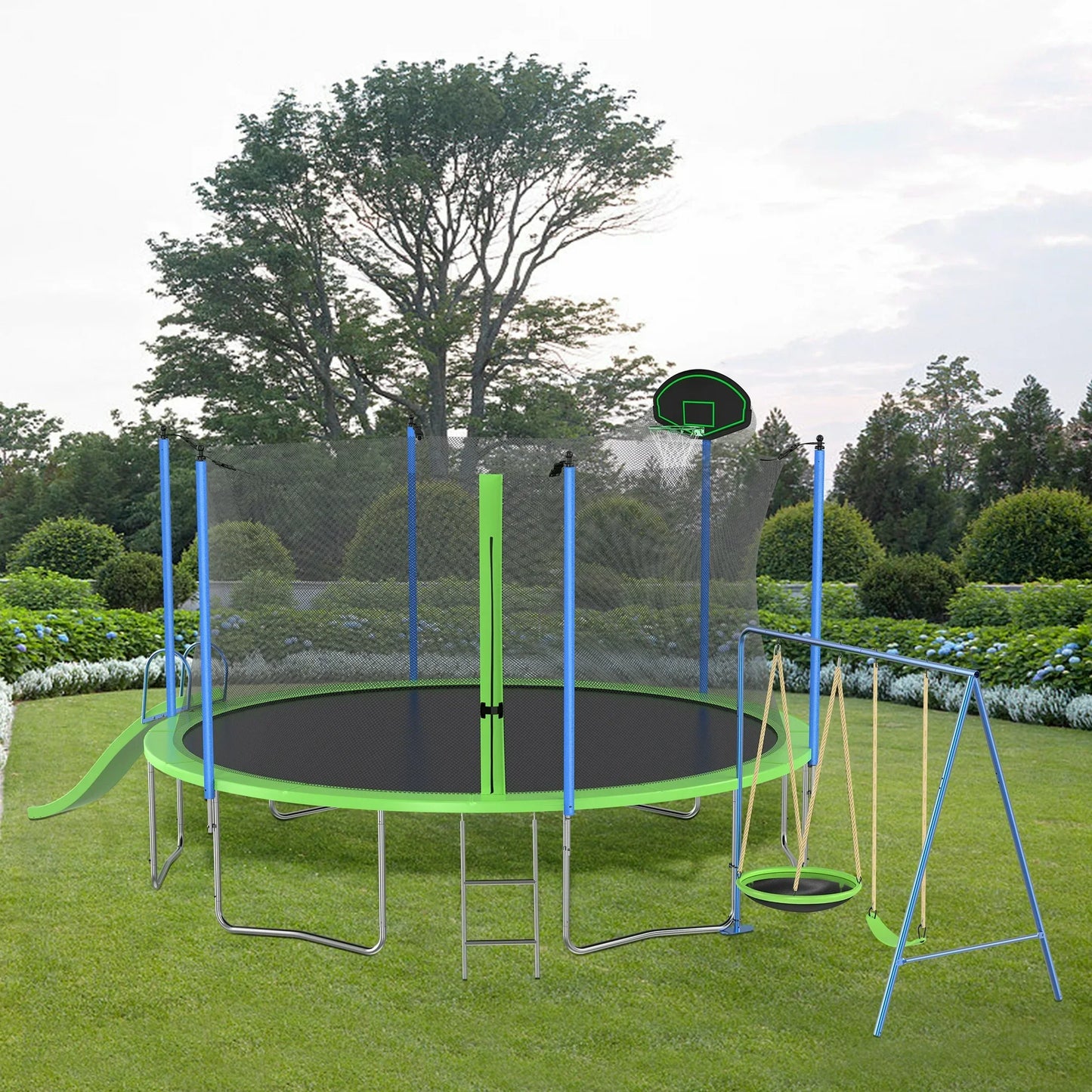 SHINPT 12FT Trampoline with Slide and Swings, ASTM Approval Recreational Trampoline with Basketball Hoop and Ladder, Easy Assembly, Outdoor Fitness Trampoline for Kids and Adults