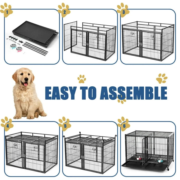 Suchown Heavy Duty Dog Crate  37 Inch Escape Proof Steel Cage for Small to Medium Dogs, Stackable Metal Kennel with Double Door, Lockable Wheels, Removable Tray  Feeding Bowls, Indoor/Outdoor Use