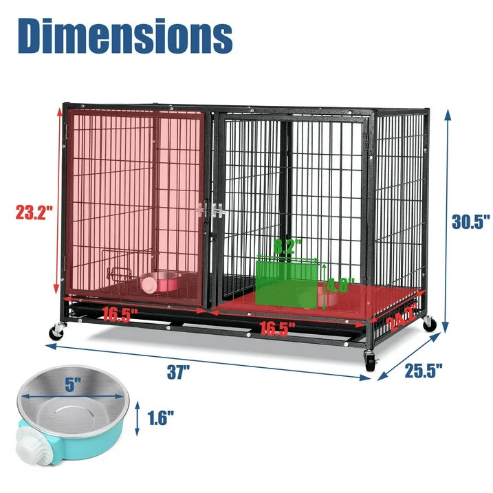 Suchown Heavy Duty Dog Crate  37 Inch Escape Proof Steel Cage for Small to Medium Dogs, Stackable Metal Kennel with Double Door, Lockable Wheels, Removable Tray  Feeding Bowls, Indoor/Outdoor Use