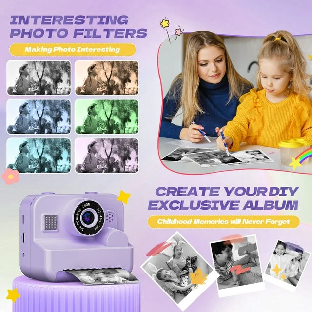 JoyStone Kids Camera Instant Print with Printing Paper and 32G TF Card, Selfie Camera with Color Pens, Cute Photo Album and Stickers, Gift for Kids Aged 3-12, Purple