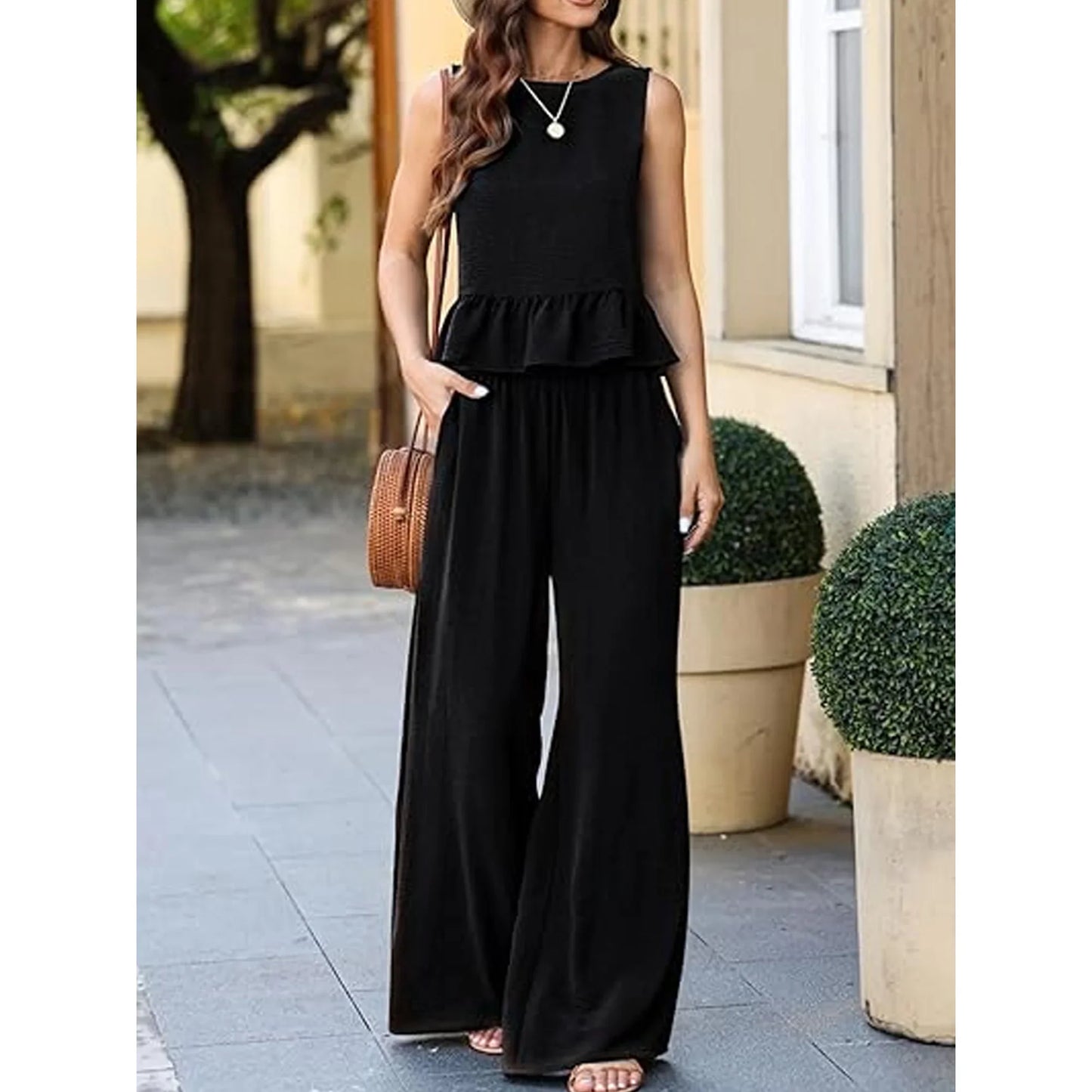 SHIBEVER Outfit Sets for Women 2 Piece Sets Summer Casual Sleeveless Set Outfits with Pockets Round Neck Tank Tops Matching Sets for Womens Clothes Elastic Waist Wide Leg