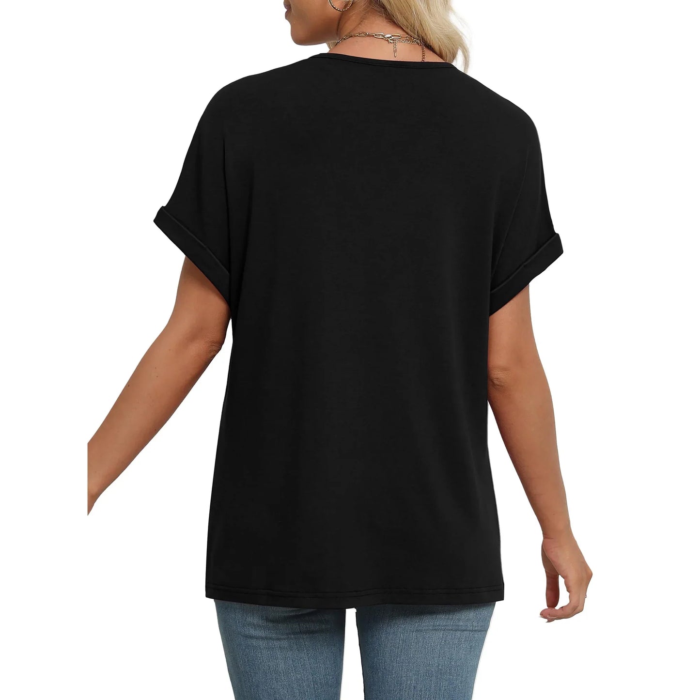SHIBEVER Womens Tops Summer Short Sleeve Shirts for Women V Neck T Shirts for Women Black Casual Tunic Tops for Women Loose Fit L