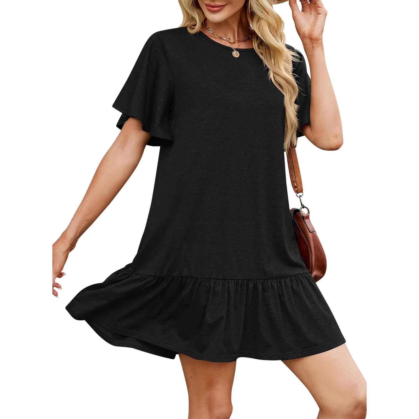 SHIBEVER Women Summer Dresses Casual Ruffle Hem Smock Mini Dress Comfy Short Sleeve Loose Fit Solid Color Shirt Dress