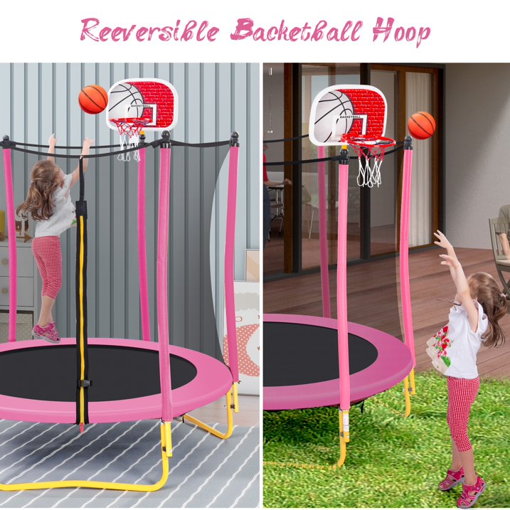 SHINPT 65  Outdoor  Indoor Mini Toddler Trampoline with Enclosure Net, Basketball Hoop and Ball Included, Entertainment Trampoline for Backyard, Patio