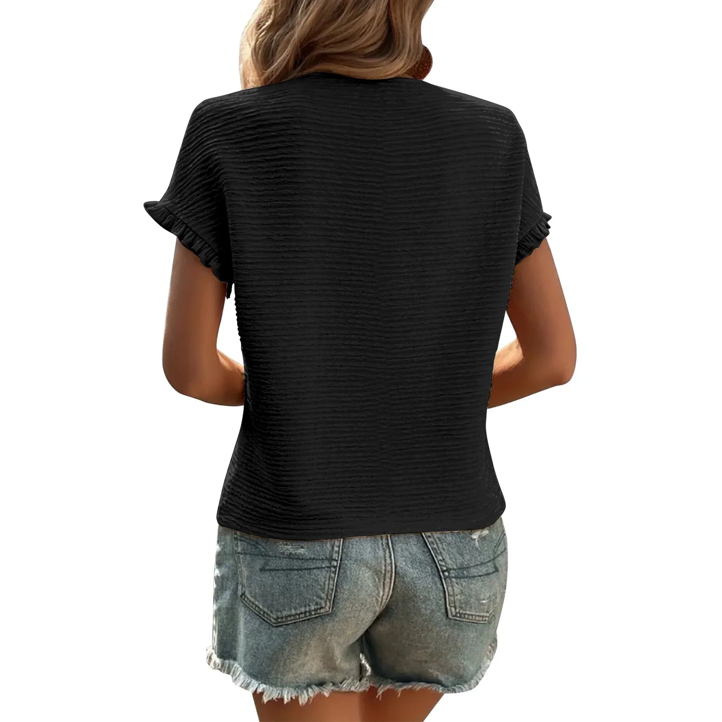 SHIBEVER Women Summer Tops Casual Round Neck Cap Short Sleeve Ruffle T Shirts Comfy Knit Loose Fit Solid Color Tee Shirts